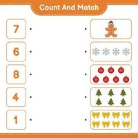 cuente y combine, cuente el número de copos de nieve, cintas, árboles, bolas de navidad, hombres de pan de jengibre y combine con los números correctos. juego educativo para niños, hoja de cálculo imprimible, ilustración vectorial vector