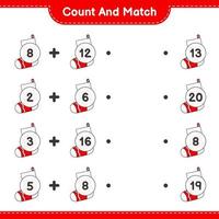 Count and match, count the number of Christmas Sock and match with the right numbers. Educational children game, printable worksheet, vector illustration