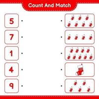 Count and match, count the number of Christmas Sock and match with the right numbers. Educational children game, printable worksheet, vector illustration