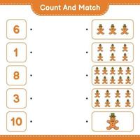 Count and match, count the number of Gingerbread Man and match with the right numbers. Educational children game, printable worksheet, vector illustration