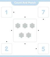 Count and match, count the number of Snowflake and match with the right numbers. Educational children game, printable worksheet, vector illustration