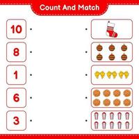 Count and match, count the number of Gift Box, Sock, Christmas Ball, Ribbon, Cookies and match with the right numbers. Educational children game, printable worksheet, vector illustration