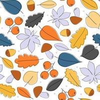 Seamless pattern with autumn leaves, mushrooms. berries, oak acorns. Simple plant abstract print. Vector graphics.