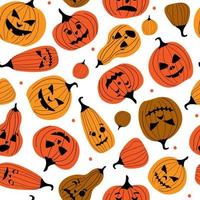 Seamless pattern for the autumn Halloween holiday. Pumpkins with carved eyes, mouths with different emotions. Vector graphics.