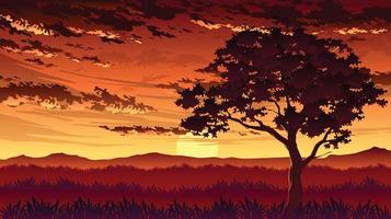 Dramatic Sunset Wildlife Landscape Illustration