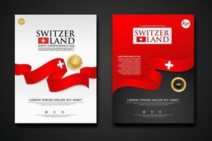 Set poster design Switzerland happy Independence Day background template with elegant ribbon-shaped flag, gold circle ribbon. vector illustrations