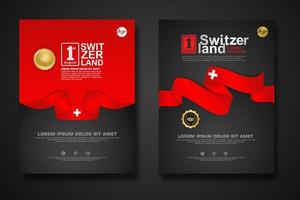 Set poster design Switzerland happy Independence Day background template with elegant ribbon-shaped flag, gold circle ribbon. vector illustrations