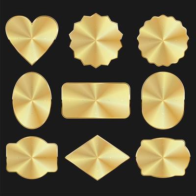 Collection of golden badges and labels different shapes