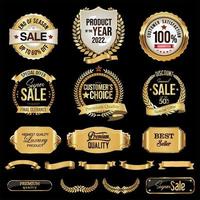 super colección de etiquetas de insignias doradas y laureles venta y productos premium vector