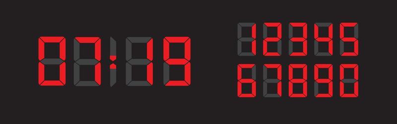 Digital led numbers set. Electronic clock. Red digital clock. Digital display font. Clock and numbers. Screen symbols vector set. Vector illustration.