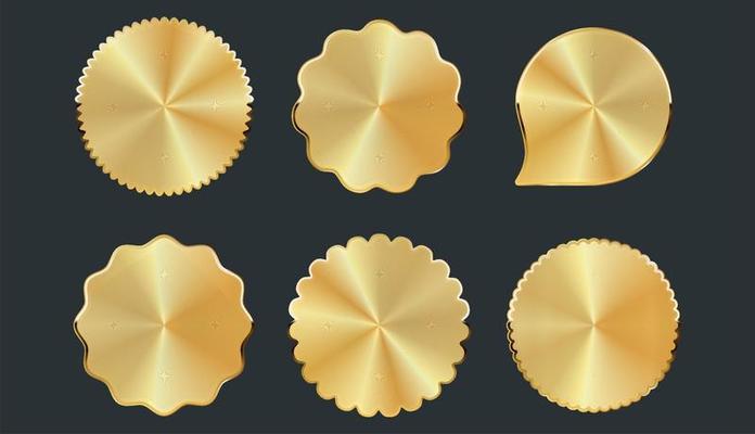 Collection of different shapes golden  badges stickers and tags