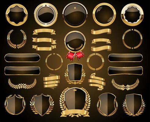 Collection of Golden badges labels laurels shield and metal plates