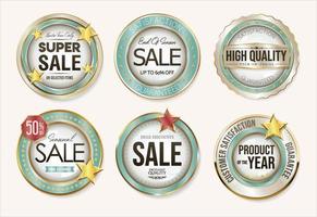 Collection of sale silver green and gold badges on white background vector