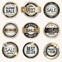 Collection of super sale and customer satisfaction warranty guaranteed gold and black badges vector