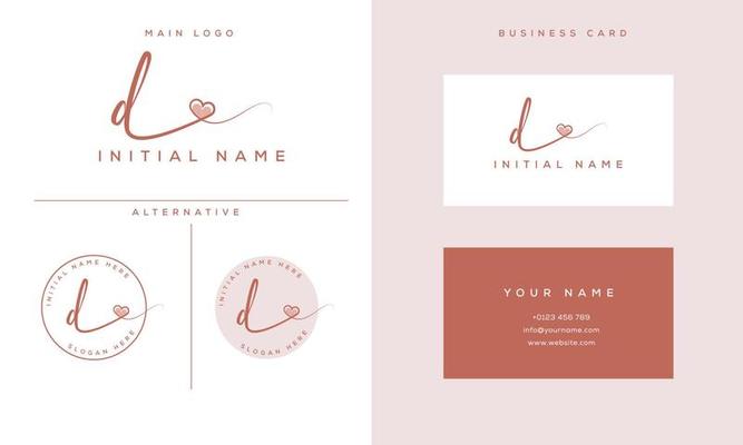 handwriting signature d logo initial with heart shape and business card