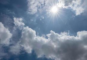 Blue sky white cloud. Outdoor cloudscape beautiful aerial view clear space day nature scenic background. Bright skyline high air fluffy environment. Horizontal sunlight scenery wallpaper background. photo