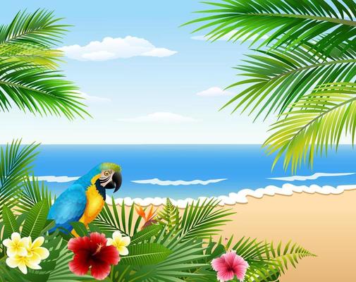 Card with tropical beach, tropical plants and parrot