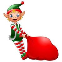 Cartoon elf pulling a bag full of gifts vector