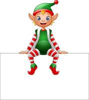 Cartoon Christmas elf sitting on blank sign vector