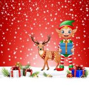 Christmas background with elf holding gift box vector
