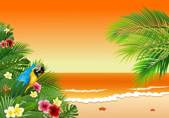 Card with tropical beach, tropical plants and parrot