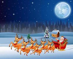 Santa Claus rides reindeer sleigh on Christmas night vector