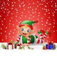 Christmas background with little elf laying on the snow vector