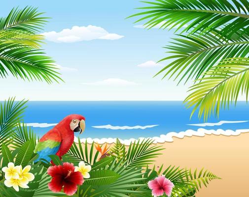 Card with tropical beach, tropical plants and parrot