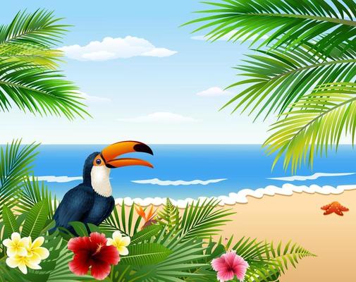 Card with tropical beach, tropical plants and toucan