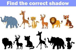 Encuentra la sombra correcta de los animales africanos. vector