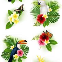 flor tropical con colección de mariposas y pájaros vector
