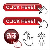 Click here button with hand pointer clicking vector