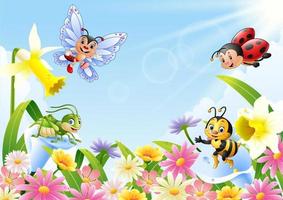 Cartoon insects on flower field vector