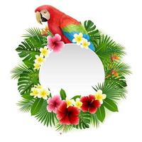 Cute parrot with blank sign on plant background