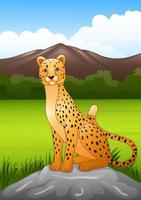 Cartoon cheetah sitting on a rock in African savanna vector