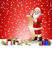 Christmas background with Santa Claus reading a long list of gifts vector