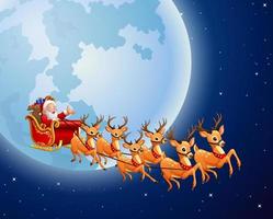 Santa Claus riding his reindeer sleigh flying over town vector