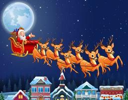 Santa Claus riding his reindeer sleigh flying over town vector
