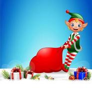 fondo de navidad con elfo tirando de una bolsa llena de regalos vector
