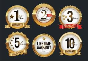 Collection of golden WARRANTY badges and labels retro style vector