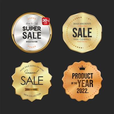 Collection of golden and silver badges and labels different shapes