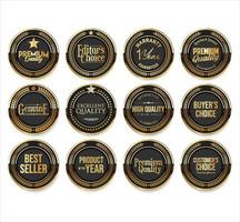 Collection of gold and black badges with laurel wreath premium quality vector