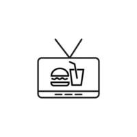 concepto de cocina, comida y cocina. colección de iconos monocromáticos de contorno moderno en estilo plano. icono de línea de hamburguesa y refresco en la pantalla de televisión vector