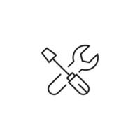 Setting or engineering concept. Vector sign drawn with thin line. Editable stroke. Perfect for web sites, stores, shops. Vector line icon of crossed wrench and hammer