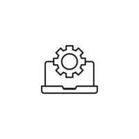 Setting or engineering concept. Vector sign drawn with thin line. Editable stroke. Perfect for web sites, stores, shops. Vector line icon of gear over laptop