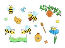 conjunto de abejas y miel. dibujos vectoriales de abejas y colmenas graciosas vector