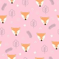 Seamless vector pattern of a Fox face in the forest on a pink background. Scandinavian style