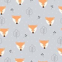 Seamless vector pattern of a Fox face in the forest on a grey background. Scandinavian style