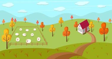 Autumn landscape of a farm, a house and a pasture with sheep. Vector illustration of a village