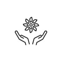 Charity and philanthropy concept. Hight quality sign drawn with thin line. Suitable for web sites, stores, internet shops, banners etc. Line icon of flower over opened hands vector